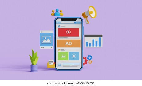 Digital marketing, social media advertising, SEO, PR via social media to drive sales or brand awareness concept. 3D social media page on mobile with marketing icons - Powered by Shutterstock