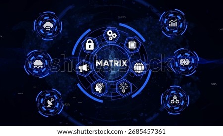 Digital matrix concept with central word MATRIX surrounded by technology icons and data streams