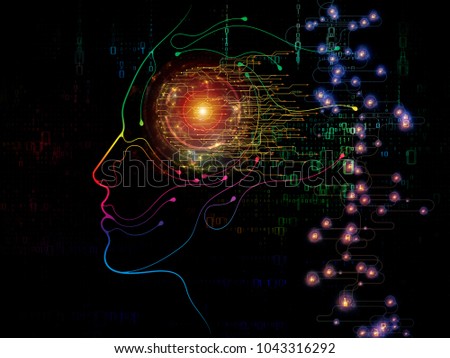 Digital Mind series. Abstract composition of silhouette of human face and technology symbols suitable in projects related to computer science, artificial intelligence and communications
