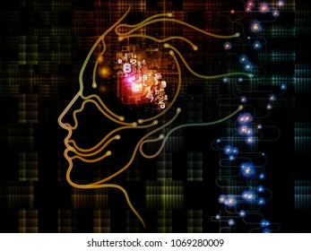 Digital Mind series. Design made of silhouette of human face and technology symbols to serve as backdrop for projects related to computer science, artificial intelligence and communications