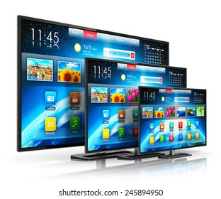 Digital Multimedia Entertainment And Media Television Broadcasting Internet Business Concept: Set Of Different Size Smart TV Display Screens With Color Web Interface Isolated On White Background