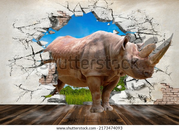 Digital mural, a rhinoceros comes into the room. 3d photo wallpapers. 3d image. Mural on the wall.