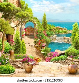 Digital Mural. Seascape. An Old House On The Seashore. Frisky And Wallpaper On The Wall.