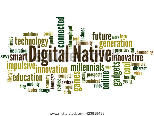 Digital\
Native, word cloud concept on white\
background.