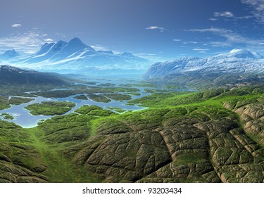 Digital Nature - Fantasy Landscape, 3d rendered landscape with mountains