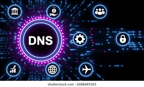 Digital network with DNS acronym and technology icons on black background domain name system