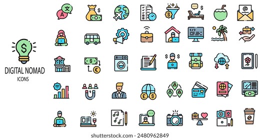 Digital Nomad simple concept 40 icons set. Contains such freelancer Nomad Remote Work And Traveling, Working In Hotel And Coffee Cafe Concept Linear Pictograms.Vector illustration. - Powered by Shutterstock