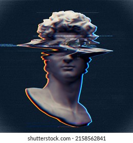 Digital offset CMYK offset misprint mode illustration of classical male head bust sculpture from 3D rendering in the style of corrupted modern glitch art graphics isolated on black background.