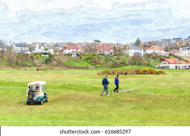 Digital oil painting from a photograph of golfers playing in front of the Clubhouse of West Kilbride Golf Club, an 18 hole links course located on the North Ayrshire Coast of Scotland - Powered by Shutterstock