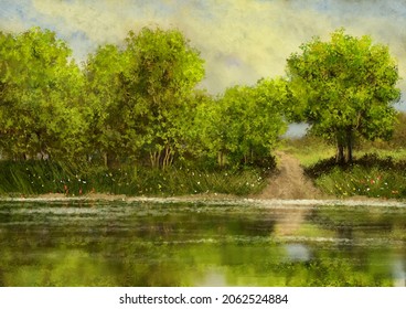 Digital Oil Paintings Landscape, Lake In The Forest