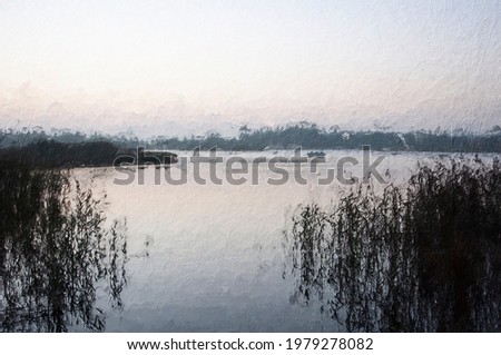 Digital oil paintings landscape,  river bank of lake. Beautiful tranquil landscape Fine art.