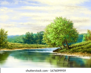 Digital Oil Paintings Landscape, Tree On River Bank Of Lake. Fine Art.