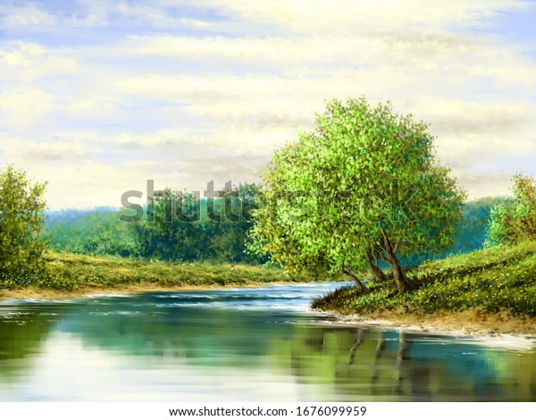 Digital oil landscape painting, tree on river bank of lake. Fine art.