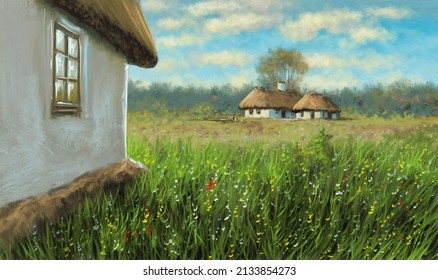 Digital Oil Paintings Rural Landscape, Old Village, House In The Field, House In The Grass