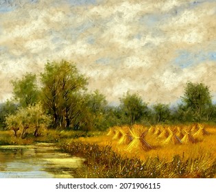 Digital Oil Paintings Rural Lanscape. Summer In Field, Sunset In The Countryside. Fine Art