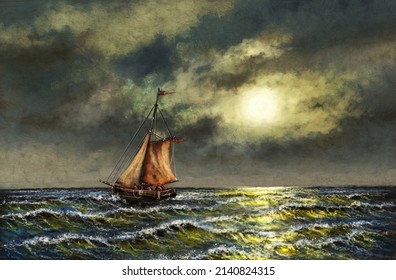 Digital Oil Paintings Sea Landscape,  Fishing Boat, Old Ship In The Night Sky, Boat  Over The Moon