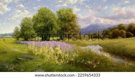 Digital oil paintings summer landscape, river in the forest, river in the woods. Fine art, artwork, landscape with trees