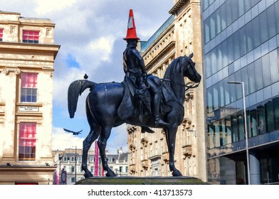 Digital oil pastel sketch from a photograph of Duke of Wellington statue with a traffic cone on his head astride a horse in front of Gallery of Modern Art, Royal Exchange Square, Glasgow, Scotland.