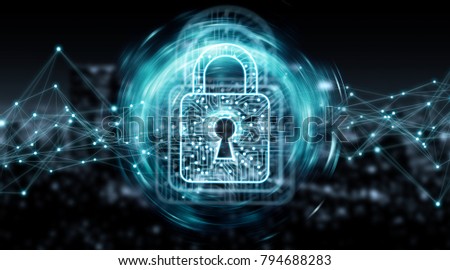 Digital padlock securing datas with connections on blue city background 3D rendering