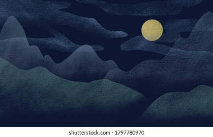 Digital Paint Of Mountain View In The Night . East Asian Style Illustration. Design For Travel Advertising, Banners, Flyers, Cards, Postcards.