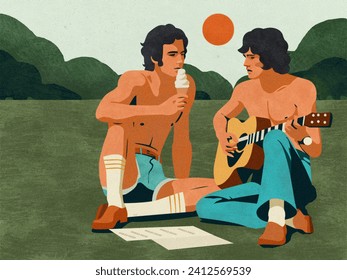 digital paint, retro halftone, outdoor activity in park, friend, singing, playing guitar, ice cream, summer background  - Powered by Shutterstock