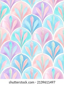 Digital painted allover seamless geometrical floral arch scallop pattern in repeat 