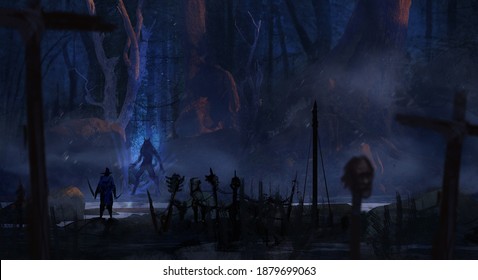 Digital painting of an adventuring bounty hunter crossing paths with a dangerous werewolf in an epic forest environment - fantasy illustration
