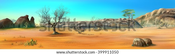 Digital print of the African Savannah in a summer morning with lonely tree on background. Panorama.