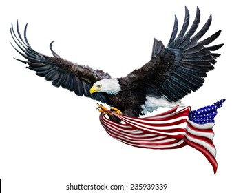 A Digital Painting of a Bald Eagle flying carrying a U.S. Flag