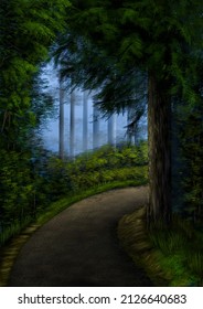 Digital Painting Of Beautiful Roads And Trees And Green Leaves On A Cool Light Background, This Is A Painting With Photoshop