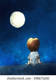 digital painting of  boy sitting lonely in the moonlight, watercolor on paper texture