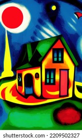 Digital Painting Burning House - Cubism, Surrealism And Expressionism Mixed Style. Creative Art Poster, Canvas. Print Design Cards, Souvenirs, Commercial. Graphic Drawing With Oil And Pastel Imitation