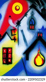 Digital Painting Burning House - Cubism, Surrealism And Expressionism Mixed Style. Creative Art Poster, Canvas. Print Design Cards, Souvenirs, Commercial. Graphic Drawing With Oil And Pastel Imitation