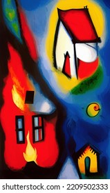 Digital Painting Burning House - Cubism, Surrealism And Expressionism Mixed Style. Creative Art Poster, Canvas. Print Design Cards, Souvenirs, Commercial. Graphic Drawing With Oil And Pastel Imitation