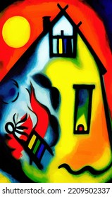 Digital Painting Burning House - Cubism, Surrealism And Expressionism Mixed Style. Creative Art Poster, Canvas. Print Design Cards, Souvenirs, Commercial. Graphic Drawing With Oil And Pastel Imitation