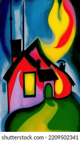 Digital Painting Burning House - Cubism, Surrealism And Expressionism Mixed Style. Creative Art Poster, Canvas. Print Design Cards, Souvenirs, Commercial. Graphic Drawing With Oil And Pastel Imitation