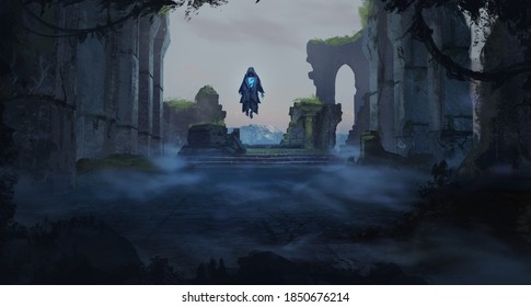 Digital painting of castle ruins with a mysterious undead ghost king floating on a destroyed throne - fantasy illustration
