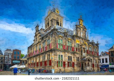 Digital Painting of the City Hall in Delft in Netherlands.