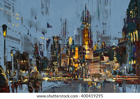 digital painting of city at night with colorful lights,illustration
