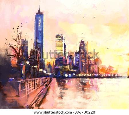 Digital painting of  city with skyscraper and ocean at sunset. Rastr stock llustration