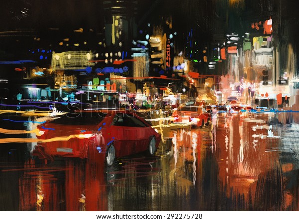 digital painting of city street at\
night with colorful\
lights,illustration