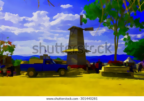 Digital painting colorful style landscape view farm\
with blue sky.