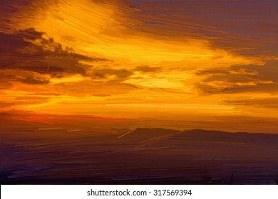Digital painting colorful style,landscape mountain at sunset.