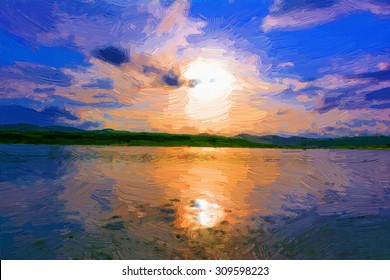Digital painting colorful style,landscape River and mountain at sunset.  