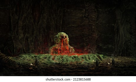 digital painting of a creepy gothic underground cave with explorers discovering a horrible skull fountain - 3d illustration