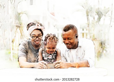 Digital painting and drawing of American African family watching photo selfie family in mobile with smile and happy in garden house- American African family outdoor activity moments - Powered by Shutterstock