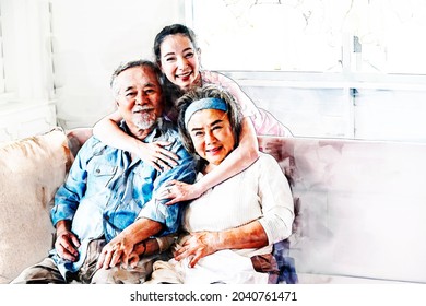 Digital painting and drawing of Asian young woman hug and take care senior parent grandmom and grandfather with smile in living room.