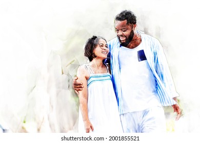 Digital painting and drawing of Happy Afircan American Black man hug Asia Woman lover honeymoon time on sea beach - outdoors summer beach concept - Powered by Shutterstock