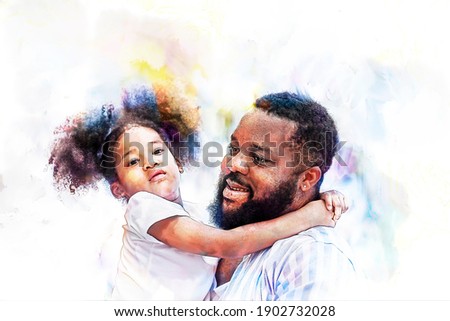 Digital painting and drawing of Happy African American father hug African American daughter girl on the beach, thaliand