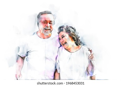 Digital painting and drawing of Happy asian senior retired couple, relax smiling elder man and woman enjoying with retired vacation at sea beach outdoor. Health care, Family outdoor lifestyle - Powered by Shutterstock